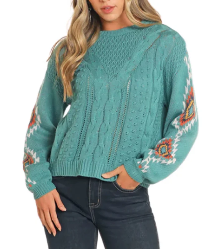 Rock and Roll Cowgirl Women's Evergreen Aztec Long Sleeve Sweater BW32T04469 Sequined Glittery Shiny