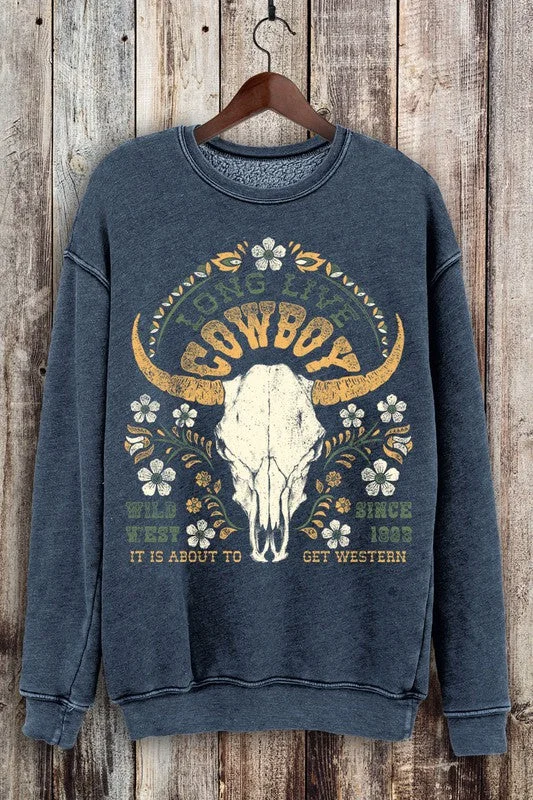 Long Live Cowboy Mineral Navy Sweatshirt (Size Small) Hoodie with Print Artistic Unique