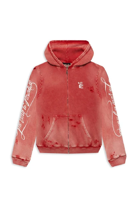 Path To Paradise Zip-Up Hoodie (Red) Hoodie with Drop Shoulder Relaxed Streetwear