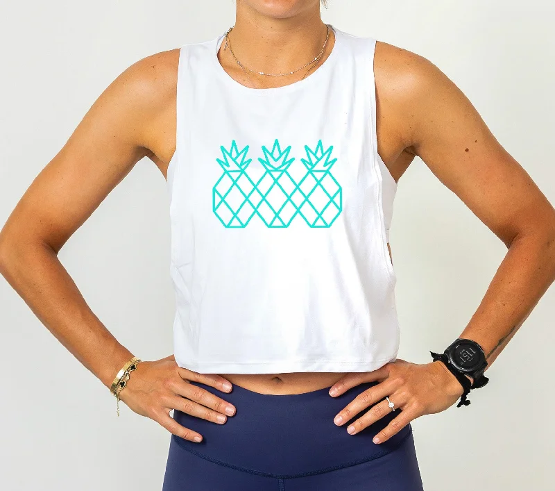 Women's Muscle Tank Crop | White & Teal navy tank top