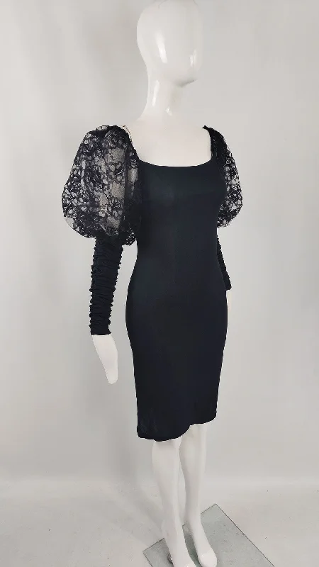 Roots of London Vintage Black Lace Puff Sleeve Dress, 1980s Tunics stripes playful