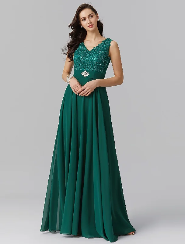 A-Line Elegant Dress Wedding Guest Formal Evening Floor Length Sleeveless V Neck Chiffon V Back with Sash / Ribbon Beading Tunics Timeless classic