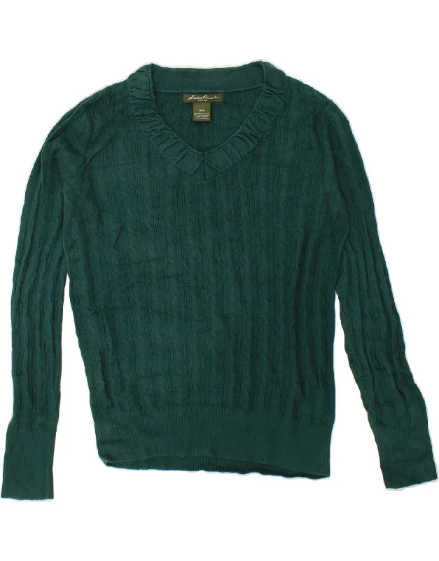 EDDIE BAUER Womens V-Neck Jumper Sweater UK 14 Medium Green Cotton Satin Blend Silk Blend Wool Blend