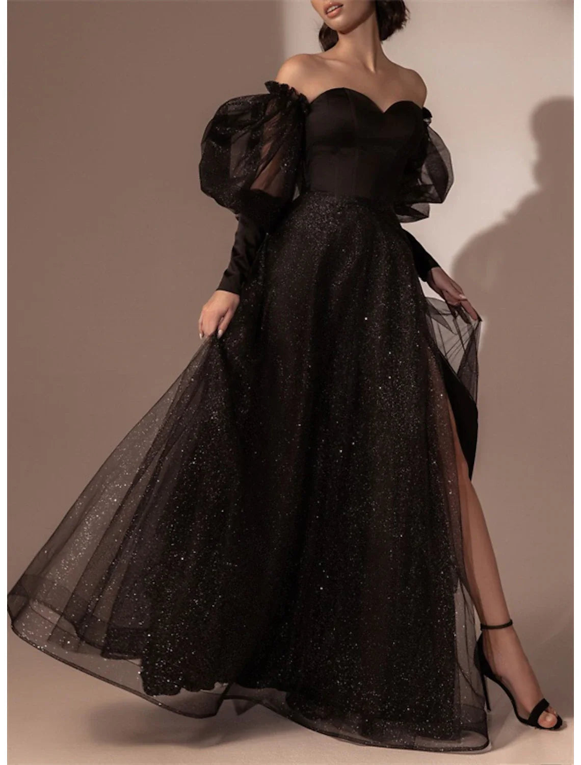 A-Line Evening Gown High Split Dress Prom Semi Formal Black Dress Plus Size Floor Length Long Sleeve Off Shoulder Tulle with Glitter Slit Bodycon Club Sequined A-Line Evening Gown High Split Dress Prom Semi Formal Black Dress Plus Size Floor Length Long Sleeve Off Shoulder Tulle with Glitter Slit Bodycon Club Sequined