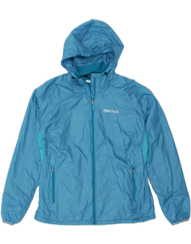 MARMOT Womens Hooded Rain Jacket UK 16 Large Blue Nylon Cotton Fabric Linen Fabric Terry Fabric
