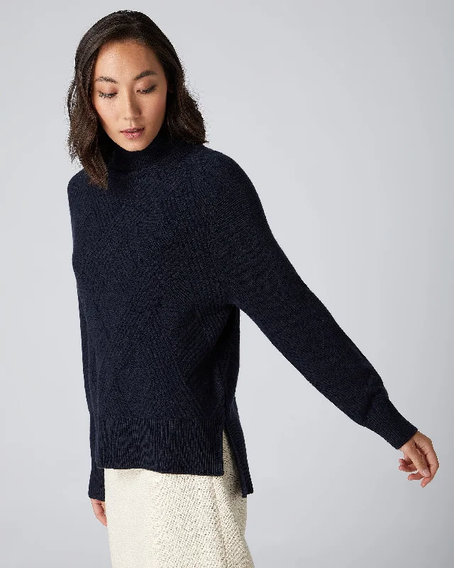 Women's Rib Detail Turtle Neck Cashmere Sweater Navy Blue Handmade Hand-knitted Hand-woven
