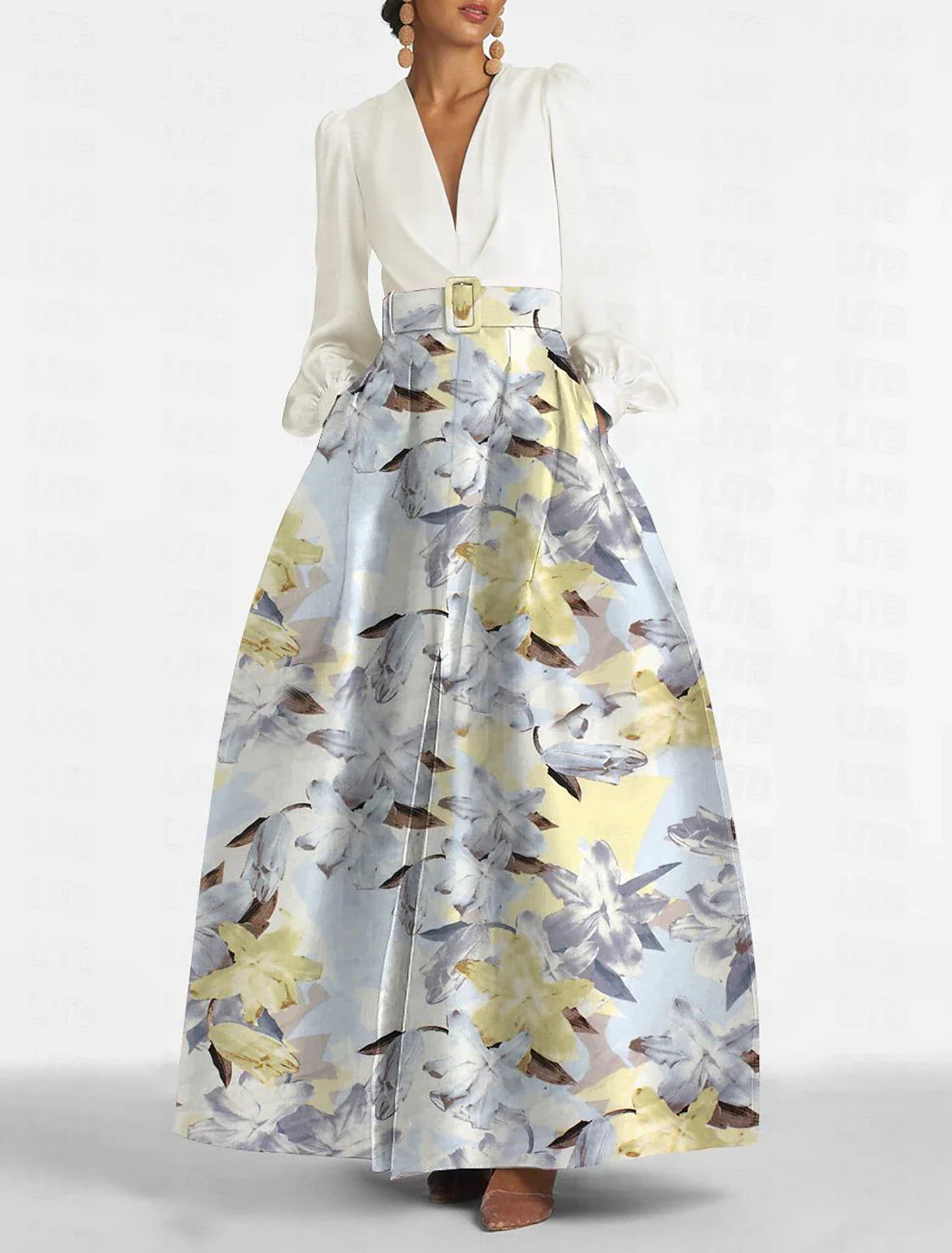 A-Line Evening Gown Elegant Dress Formal Wedding Guest Floor Length Long Sleeve V Neck Belt / Sash Satin with Slit Tunics Practical durable A-Line Evening Gown Elegant Dress Formal Wedding Guest Floor Length Long Sleeve V Neck Belt / Sash Satin with Slit Tunics Practical durable