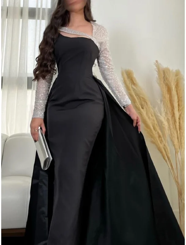 Sheath Evening Gown Elegant Dress Formal Floor Length Black Dress Carival Long Sleeve Scoop Neck Satin with Pleats Sequin Tunics Bestseller popular Sheath Evening Gown Elegant Dress Formal Floor Length Black Dress Carival Long Sleeve Scoop Neck Satin with Pleats Sequin Tunics Bestseller popular