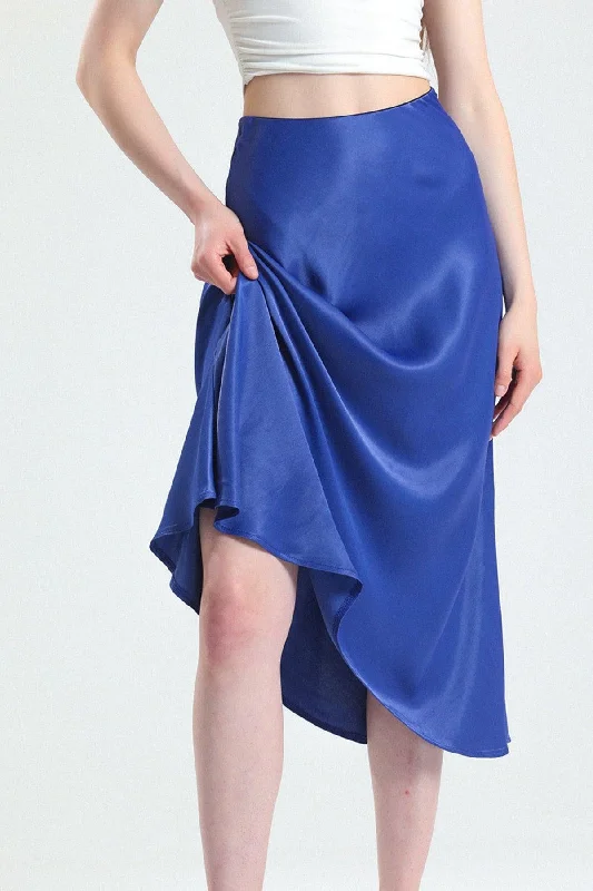 Summer Oblique Viscose Satin Fabric Navy Blue Midi Length Skirt linen skirt relaxed