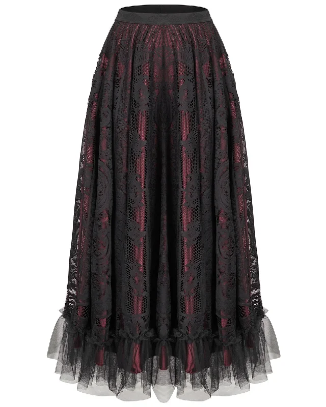 Devil Fashion Womens Dark Gothic Courtesan Lace Bustle Skirt - Red & Black chiffon skirt airy