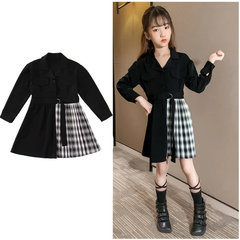 Kids Blazer Dress 2023 Girl Formal Black Blazer Dress Suit Jacket Female Fashion Children's Stitching Plaid Blazer Party Costume Knit Fabric Woven Fabric Fleece Fabric