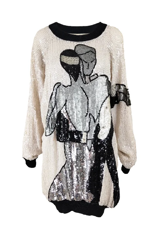 Frank Usher Vintage Sequin Beaded Dress Tunic Top, 1980s Turtleneck Warm Winter