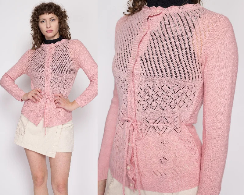 Small 70s Pink Eyelet Knit Sweater Top Seamless Knitted Crochet