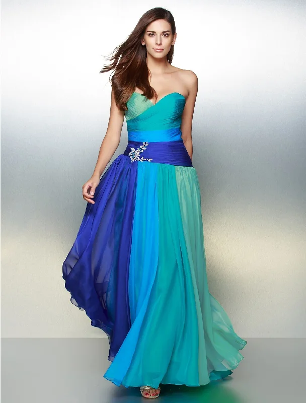 A-Line Color Block Dress Wedding Guest Prom Floor Length Sleeveless Sweetheart Chiffon Backless with Ruched Crystals Tunics Satin smooth