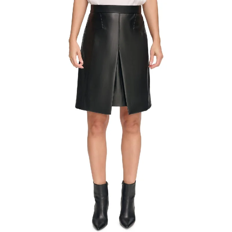 DKNY Womens Faux Leather Office A-Line Skirt leather skirt sleek