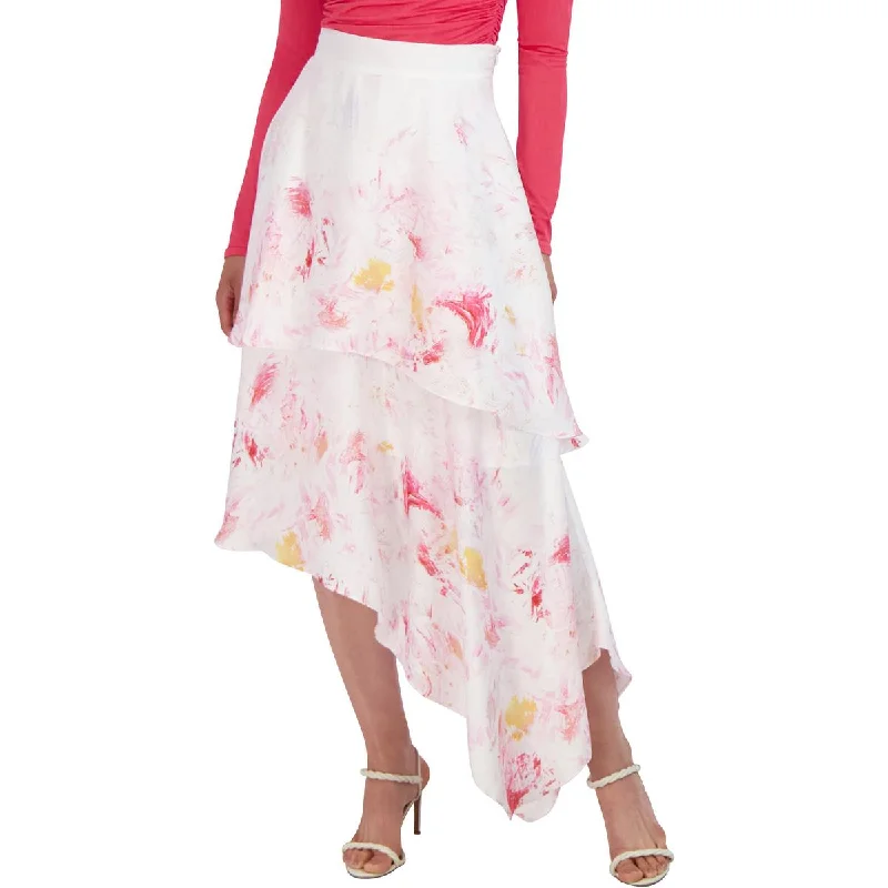 BCBGMAXAZRIA Womens Midi Printed Asymmetrical Skirt cashmere skirt soft