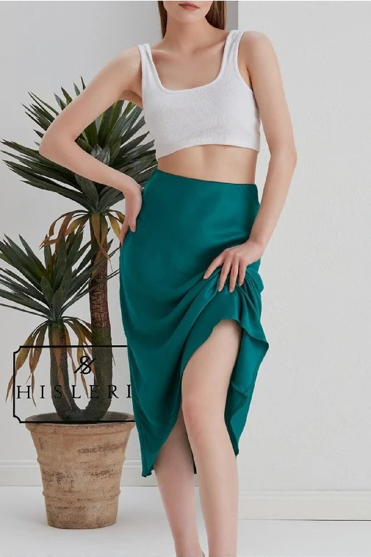 Verev Viscose Satin Fabric Emerald Green Midi Length Skirt corduroy skirt comfortable