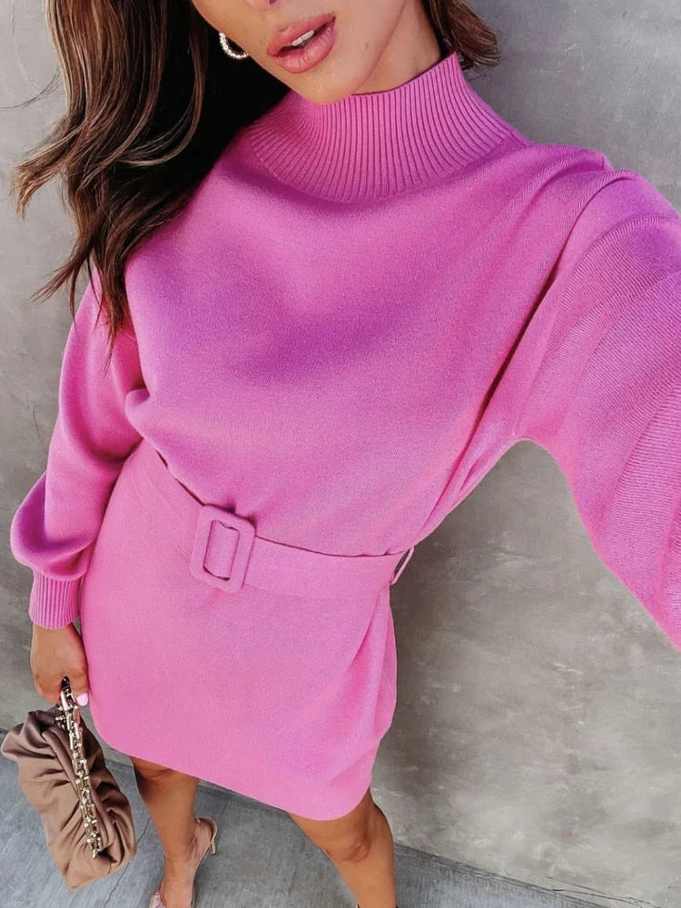 Turtleneck Sweater Dress Women Long Sleeve Winter Knitted Dress with Belt 2022 Lady Elegant Pink Mini Christmas Party Dresses High Neck Crew Neck V-Neck