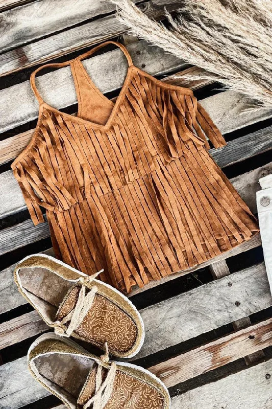 Suede Fringe Racerback Tank Top gold tank top