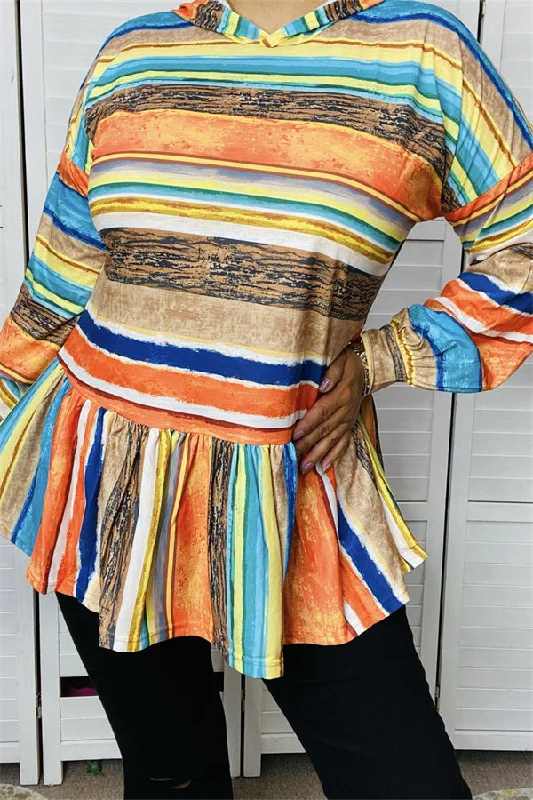 GJQ8019 Multi color striped long sleeve baby doll blouse w/hoodie Hoodie with Patch Decorative Personalized