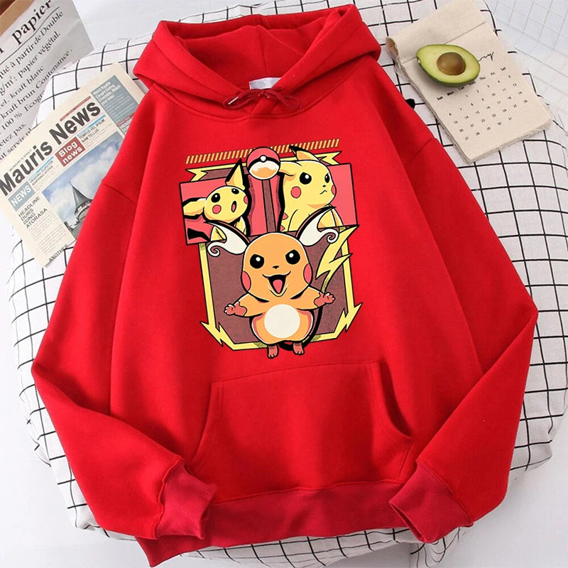 Pokémon Print Women's Plush Hoodie Red Sports Sweater Loose Top Stylish Fashionable Trendy