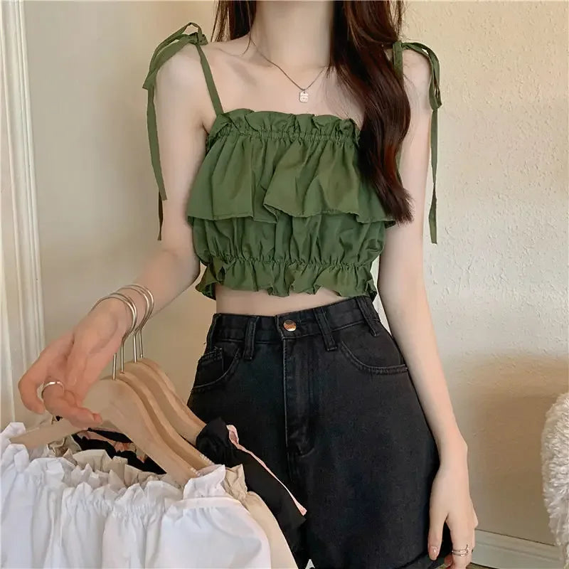 Women's 2023 New Summer Tank Top with Ruffle Edge Strap Top High Waist Sleeveless Bra and Open Umbilical Top long tank top