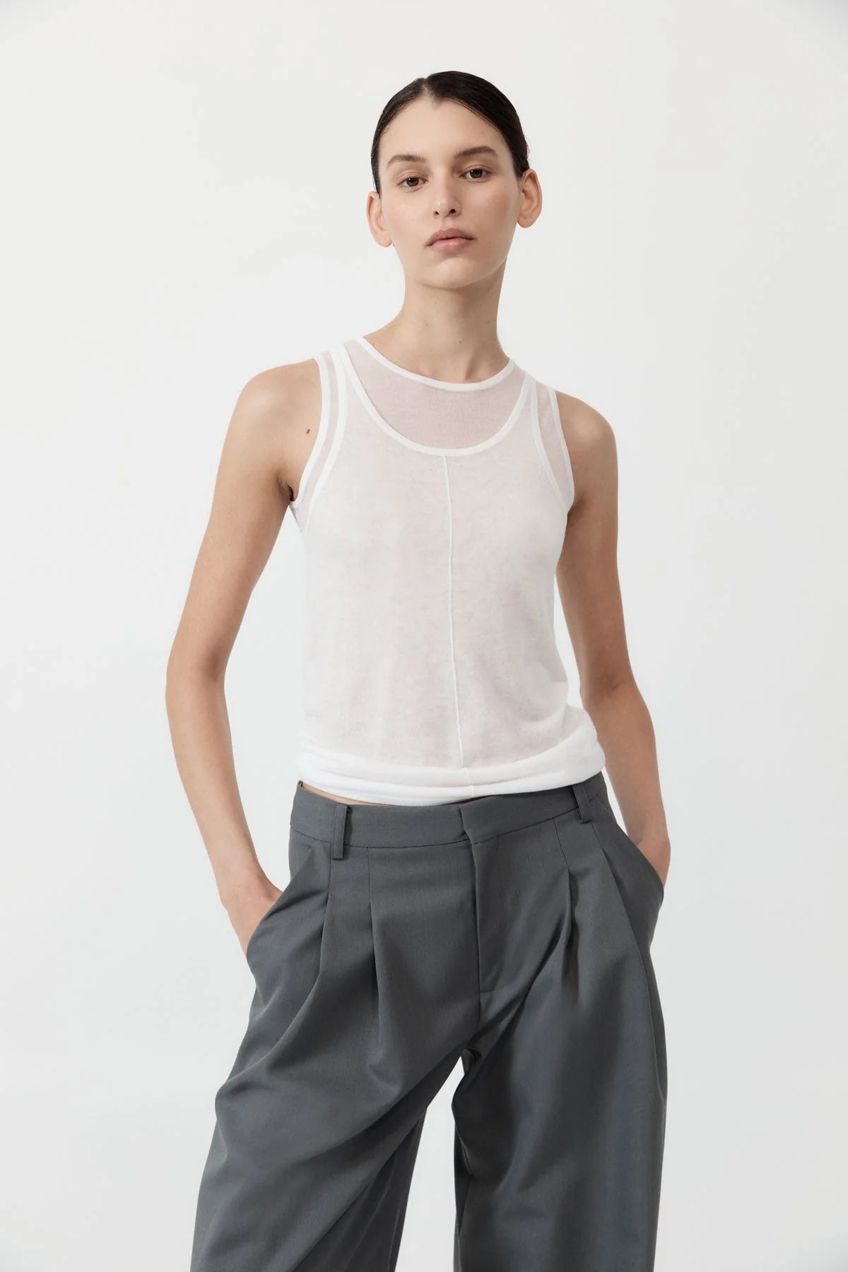 Semi Sheer Double Layer Tank - White charcoal tank top