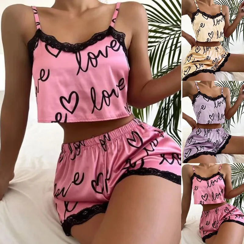 2 Pieces Set Women'S Pajama Shorts Suit Homewear Print Underwear Pijama Sexy Lingerie Camisoles Tanks Nighty Ladies Sleepwear strapless tank top