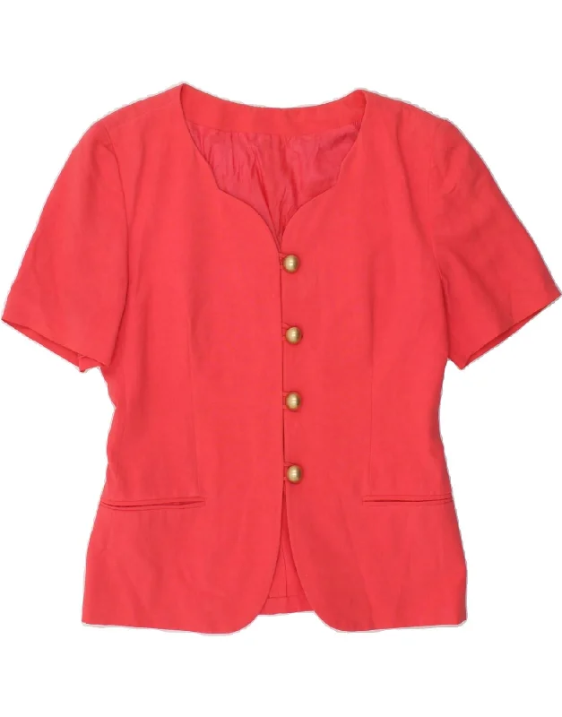 VINTAGE Womens 4 Button Short Sleeve Blazer Jacket IT 46 Large Red Linen Stand-Up Collar Roll-Neck Collar Turtle Neck