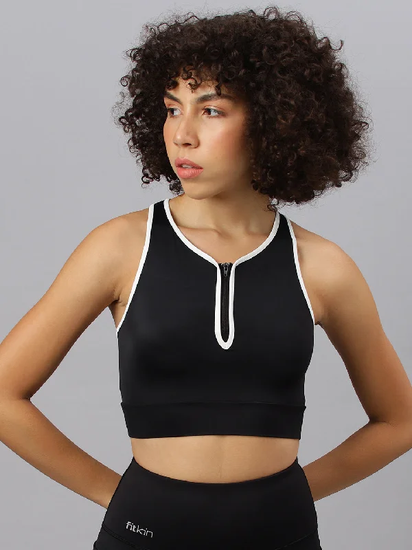 Fitkin women's black round neck sleeveless front zipper crop tank top v-neck tank top