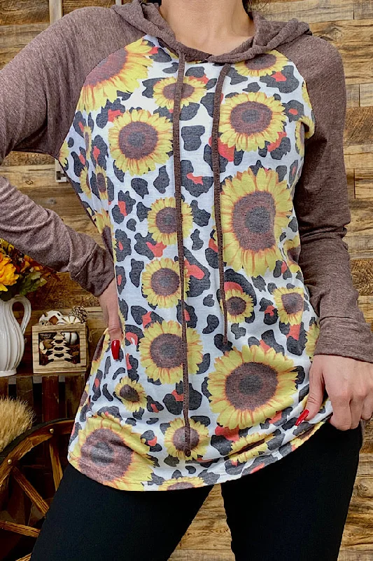 FW9645-Brown Cow/Sunflower printed hoodie w/brown sleeves Hoodie Jacket Zipper Layering