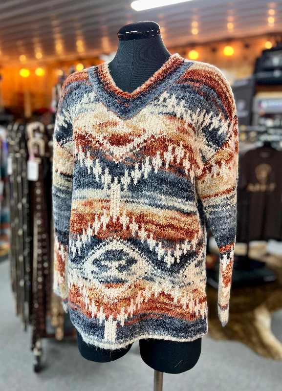 Rust & Blue Aztec Knit Sweater Chenille Blend Fleece Blend Nylon Blend