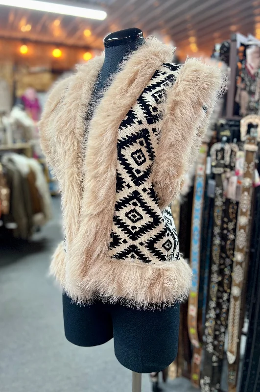 Fur Trim Knit Sweater Vest in Aztec Satin Blend Silk Blend Wool Blend