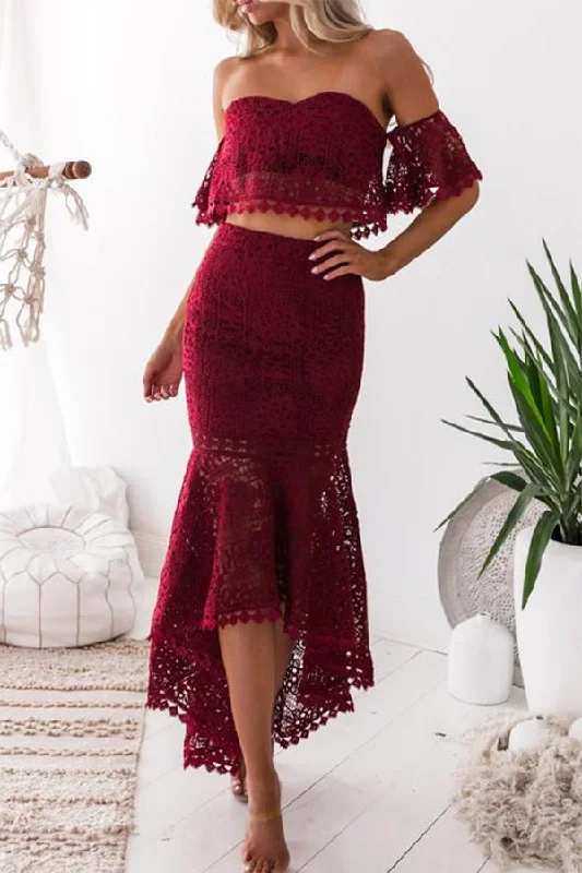 Burgundy Two Piece High Low Off-the-Shoulder Mermaid Lace Homecoming Dresses Tunics Running lightweight Burgundy Two Piece High Low Off-the-Shoulder Mermaid Lace Homecoming Dresses Tunics Running lightweight