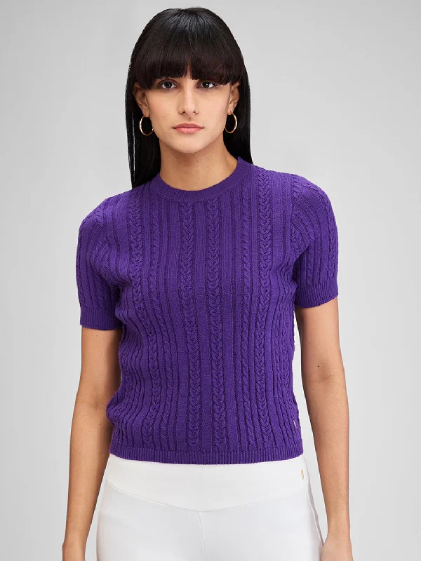 Spykar Purple Half Sleeves Regular Fit Solid Sweater For Women Mesh Blend Leather Blend Suede Blend