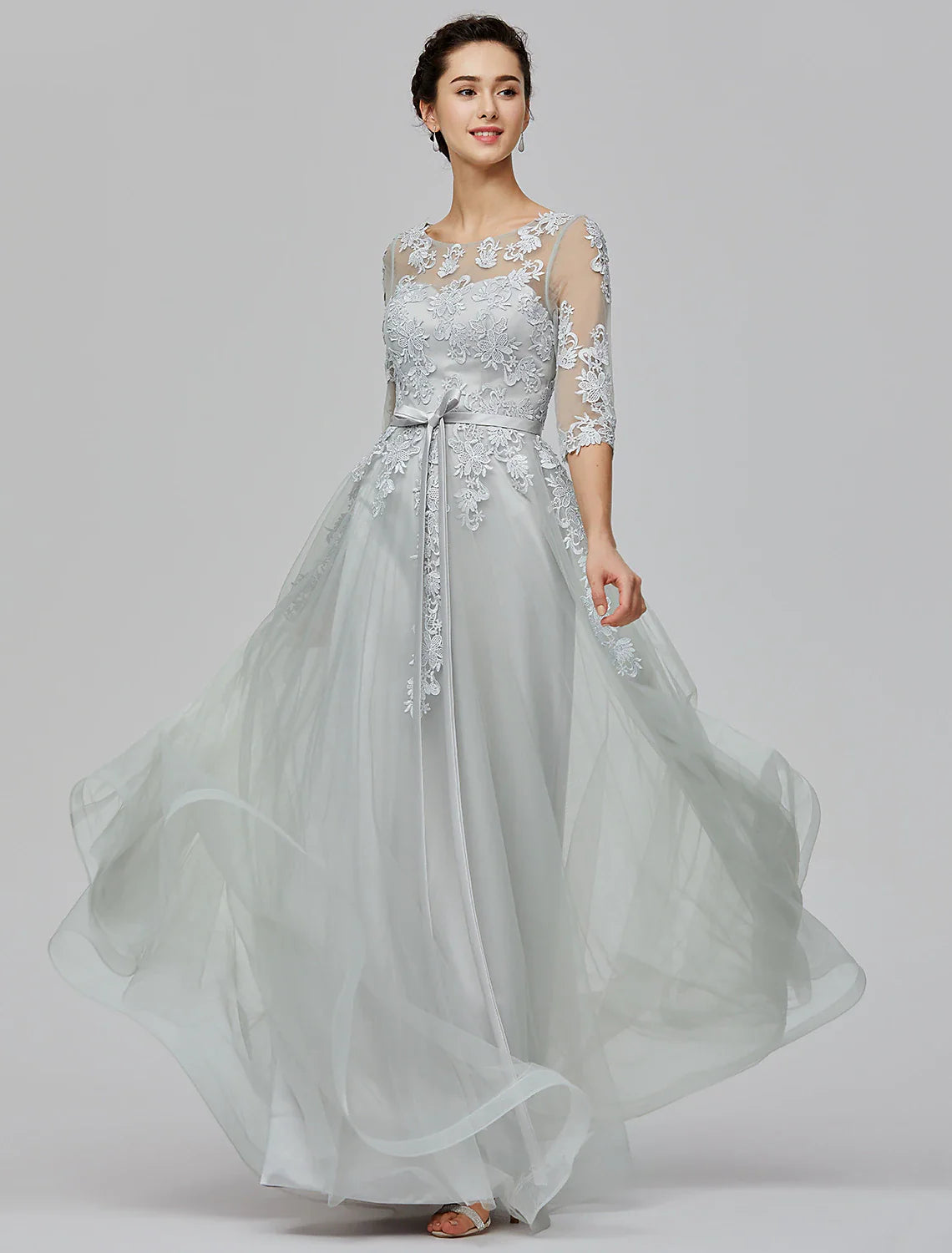 A-Line Empire Dress Wedding Guest Prom Floor Length Half Sleeve Illusion Neck Tulle with Bow(s) Appliques Tunics Stylish elegant