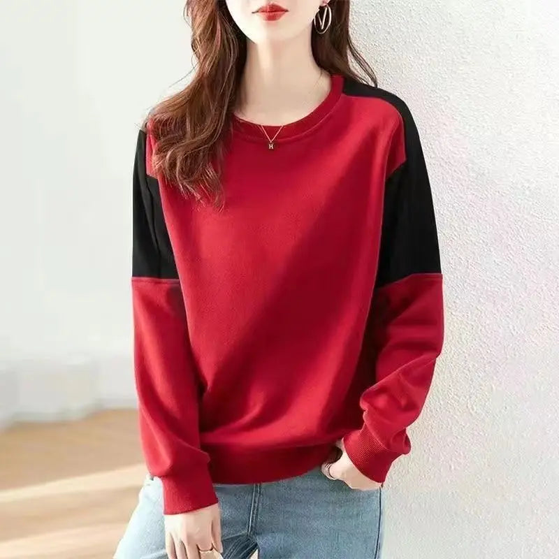 2023 Spring and Autumn Sports Casual Loose Round Neck Simple Sleeve Panel Contrast Comfortable Solid Oversize Women's Sweater Transparent Opaque Sheer