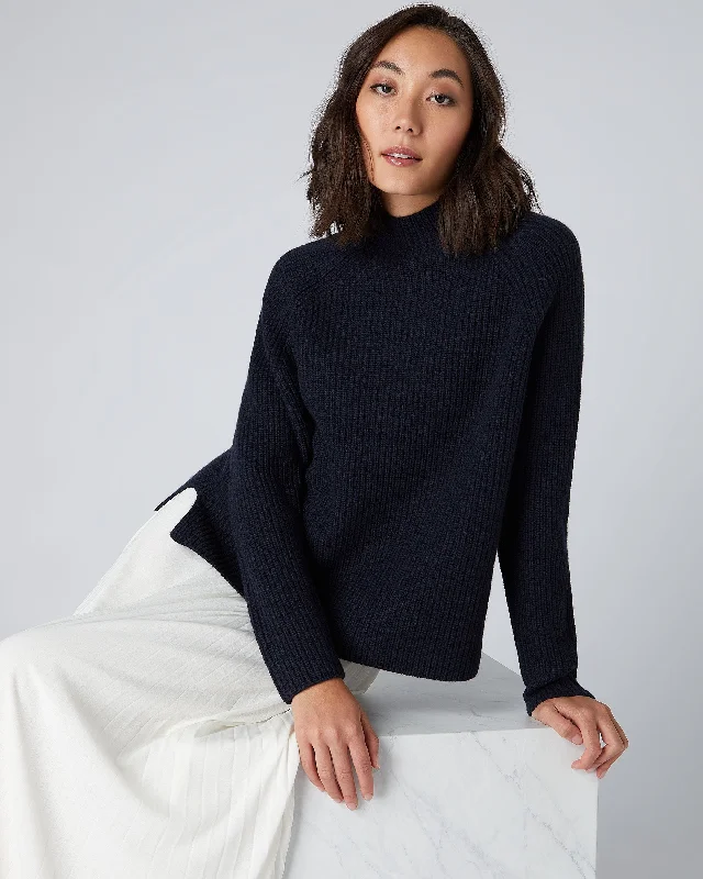 Women's Fisherman Rib Funnel Cashmere Sweater Navy Blue Iron Safe Non-Iron Wrinkle Free