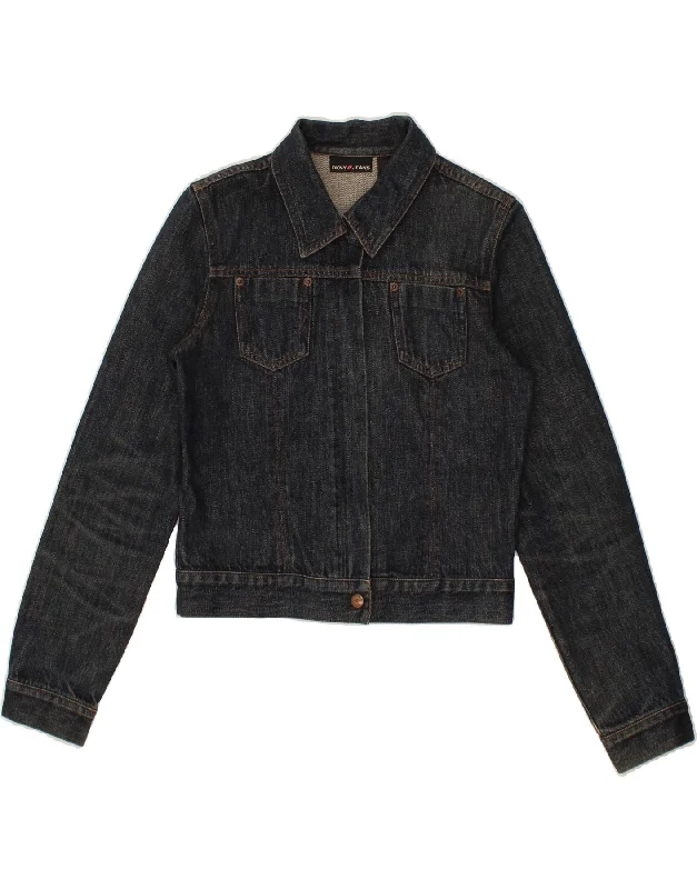 DKNY Womens Crop Denim Jacket UK 10 Small Navy Blue Cotton Zip Front Button Front Snap Front DKNY Womens Crop Denim Jacket UK 10 Small Navy Blue Cotton Zip Front Button Front Snap Front