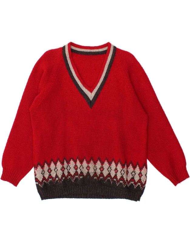 VINTAGE Womens V-Neck Jumper Sweater UK 16 Large Red Colourblock Velvet Chenille Corduroy
