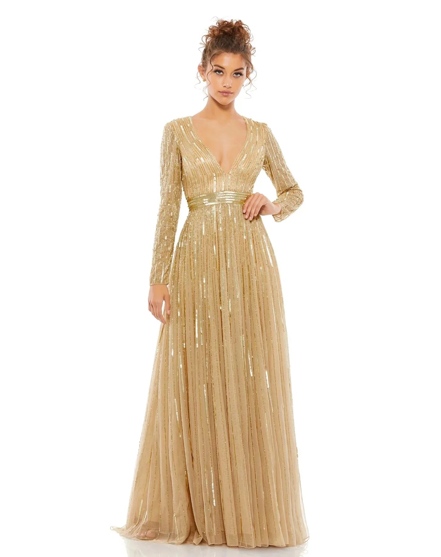 Mac Duggal Evening 4977D Plunging Neck A-line Dress Tunics Satin smooth
