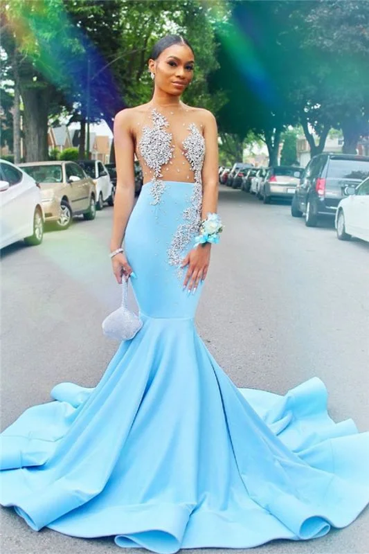 Mermaid Sheer Tulle Sexy Prom Dresses Cheap for Juniors | Crystals Sky Blue Evening Gowns cg7902 Mermaid Sheer Tulle Sexy Prom Dresses Cheap for Juniors | Crystals Sky Blue Evening Gowns cg7902