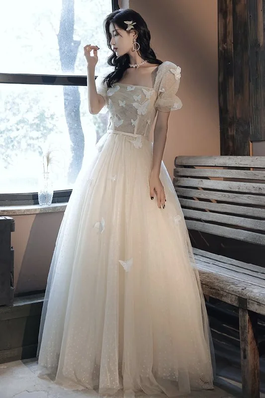 Champagne tulle long prom dress A line evening dress C478