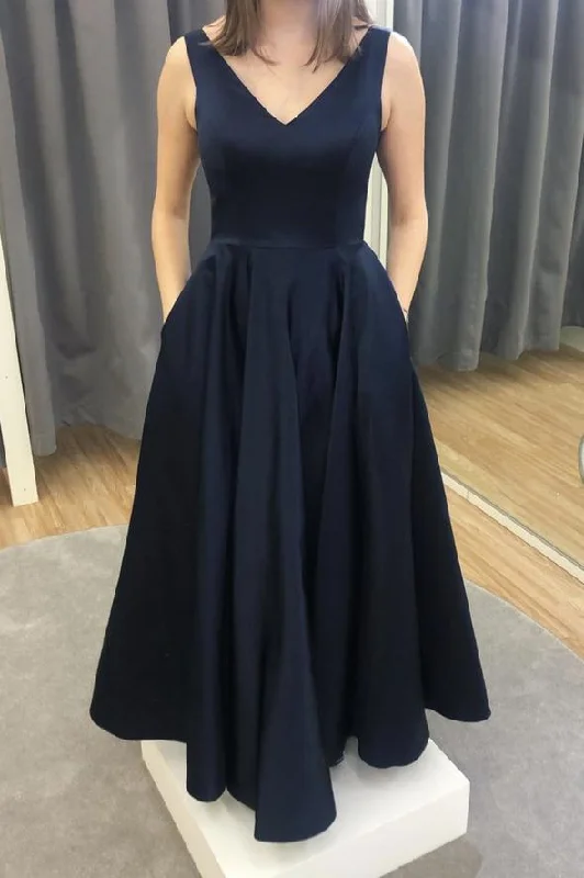 Blue v neck satin long A line prom dress evening dress C1329
