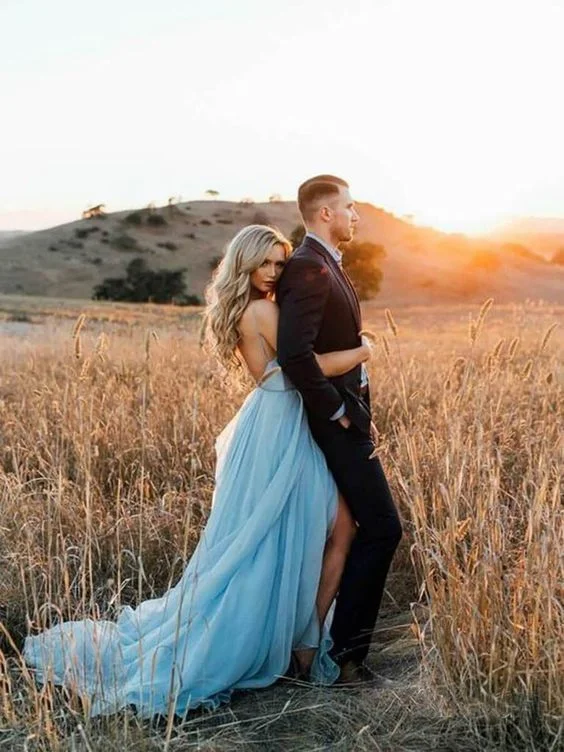A Line Sky Blue Rustic Chiffon Deep V Neck Slit Summer Beach Wedding prom Dresses cg7778 A Line Sky Blue Rustic Chiffon Deep V Neck Slit Summer Beach Wedding prom Dresses cg7778