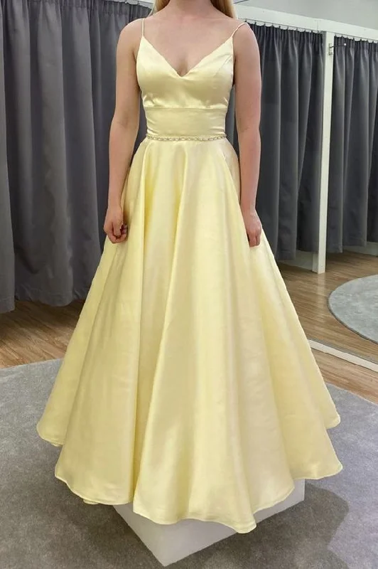 Yellow satin long A line prom dress evening dress C863