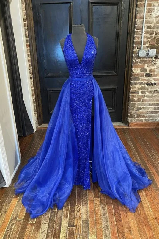 Blue sequins long prom dress mermaid evening dress C1277