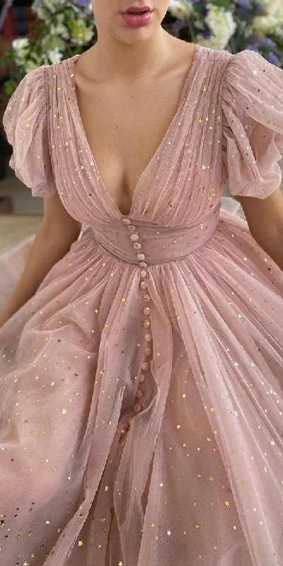 Custom Made Blush Pink Tulle Ankle Length Prom Evening Dresses C1173