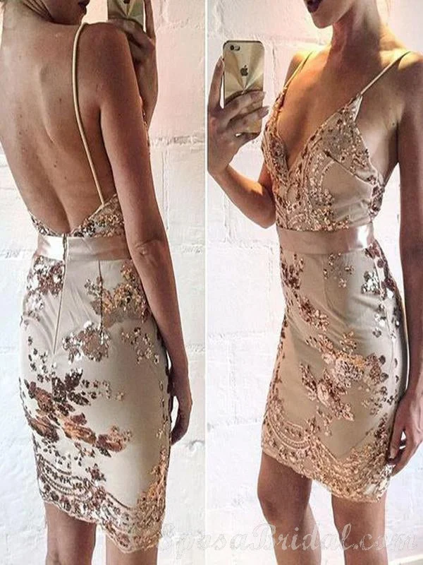 Spaghetti Straps Backless V Neck Mermaid Homecoming Dresses, Short Sequin Prom Dress,BD0416 Spaghetti Straps Backless V Neck Mermaid Homecoming Dresses, Short Sequin Prom Dress,BD0416