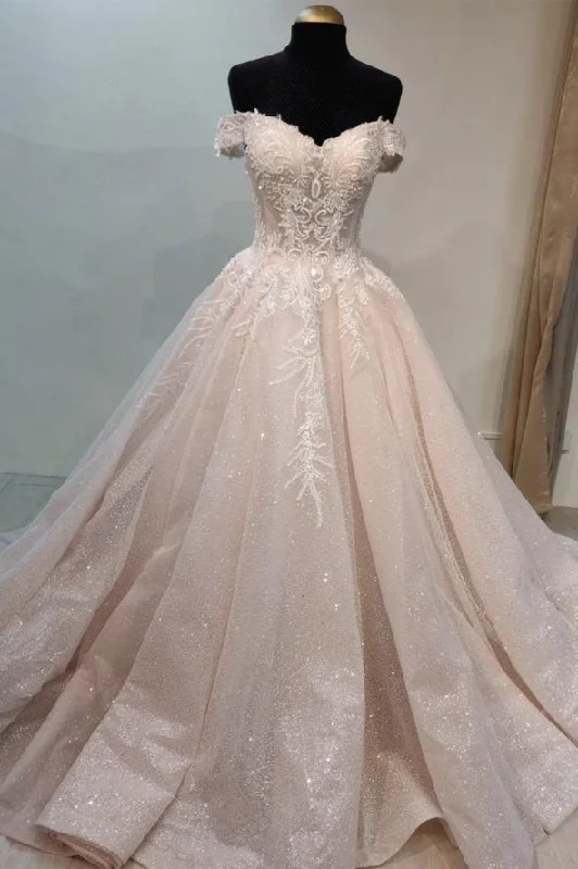 Pink lace long A line prom dress off shoulder evening dress C1346